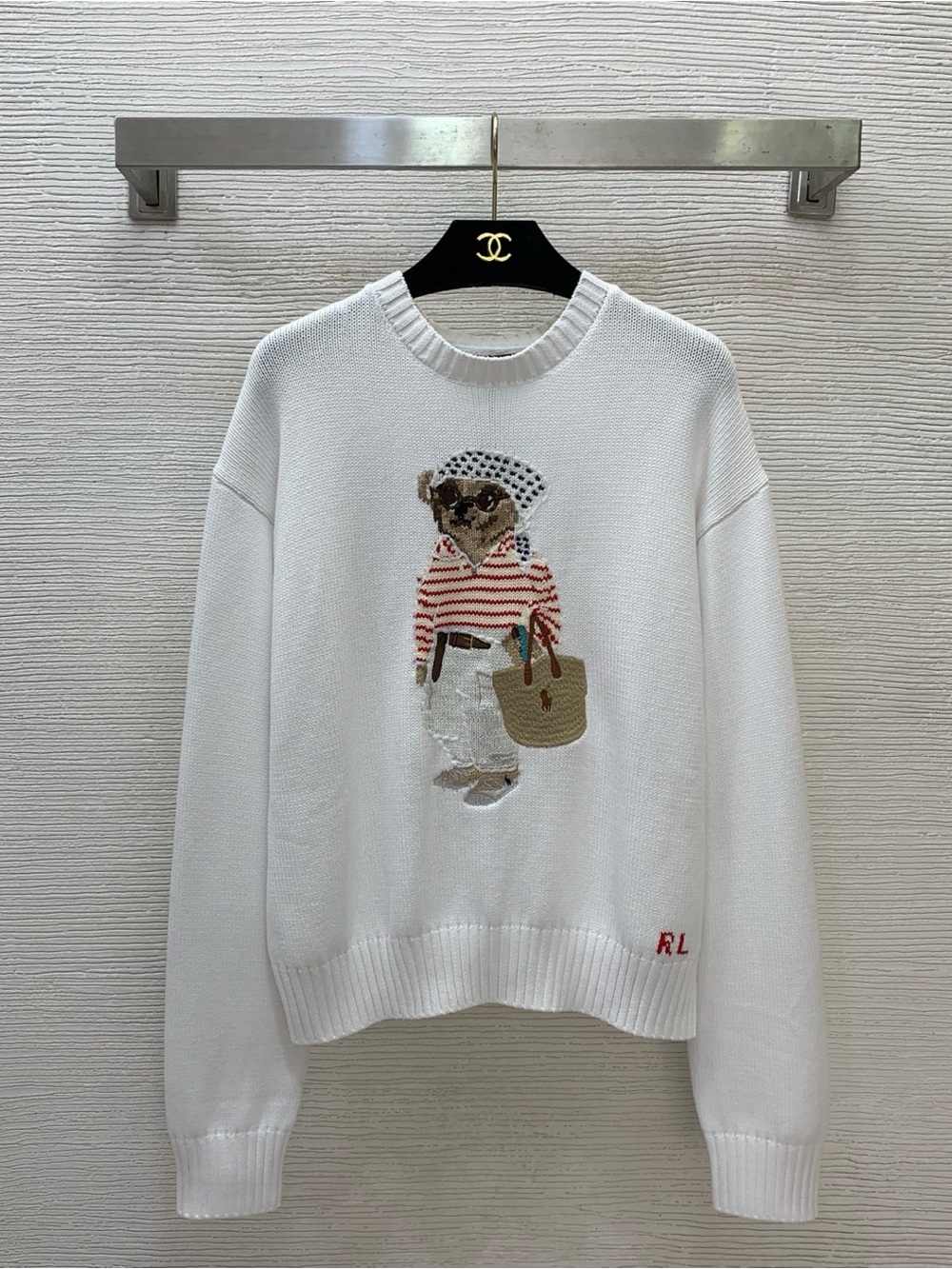 Polo by Ralph Lauren White Sweater with Striped Bear Motif